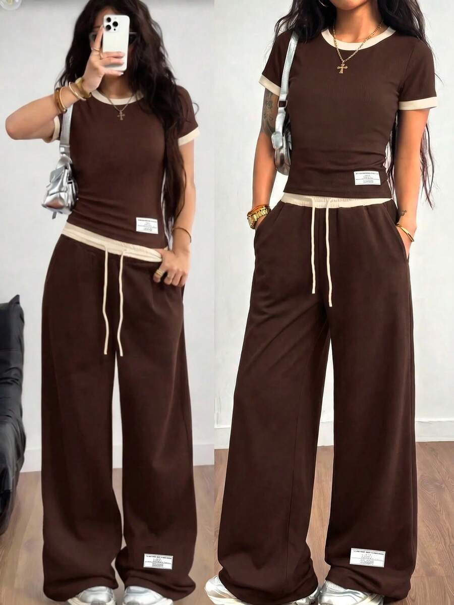 SHEIN 青少年女孩春夏時尚針織羅紋黑白對比色休閒修身基本款T恤與對比腰帶鬆身長褲口袋套裝,織標貼布,休閒運動街頭風,大學運動,返校,足球,戶外舒適穿搭 - 棕色 - 查看 1