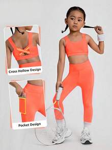 SHEIN Sports And Outdoor Young Girls' Set With Crossback Shoulder Straps, High Elasticity For Figure Enhancement, Free Stretching, Breathable And Sweat-Absorbing For Riding, Running, Indoor Dancing And Comprehensive Training - Burnt Orange - View 2