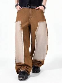 ROMWE MEN Street Life Men's Casual Fashion Street Style Distressed Patch Rivet Decor Loose Straight Leg Jeans - Brown - View 6