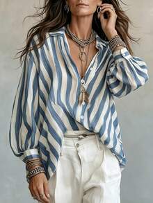 LUMIGAL Women's Striped Casual Versatile Daily Wear Shirt - Blue and White - View 3