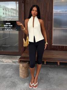 SHEIN BAE Women's Casual Elegant Sexy Commute Halter Neck Backless Tank Top Small Stand Collar Front Zipper Off-White Brunch Date Night Night Out Summer - Beige - View 4