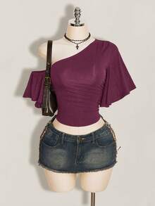 SHEIN ICON 女款純色不對稱領休閒百搭日常穿搭上衣 - 酒紅色 - 查看 4