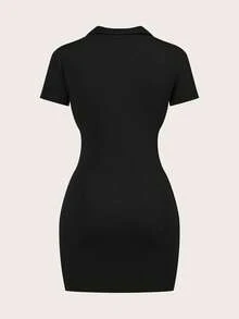 SHEIN BASICS 2件組女款純色針織 Polo 領半拉鍊迷你洋裝，適合夏季校園、城市旅行、度假，黑色與深紅色，運動休閒街頭風 - 紅色 - 查看 7