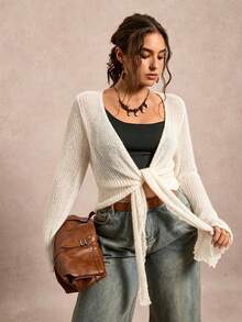 Freevana Cardigan de talla grande unicolor con mangas acampanadas y lazo delantero - Albaricoque - Ver 5