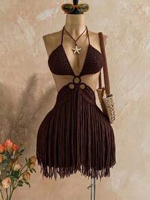 Soleia Women's Solid Color Tassel Crochet Sexy Boho Date Beach Knit Halter Dress Dark Brown Autumn - Coffee Brown - View 4