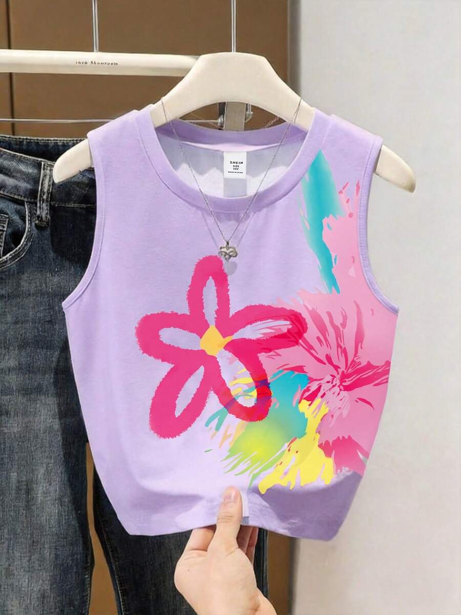 春夏秋冬休閒時尚女童彩色手繪花卉印花背心 美式復古印花設計無袖上衣 百搭 適合 8Y-12Y 女童四季穿著 - 彩色 - 查看 1