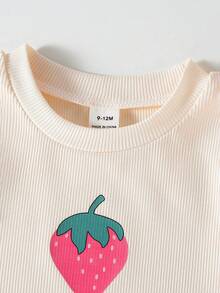 SHEIN Playful Pals 女嬰夏季杏色上衣與桃紅色格紋褲套裝，草莓圖案紋理無袖上衣配粉色蝴蝶結，日常穿著與外出必備 - 彩色 - 查看 3
