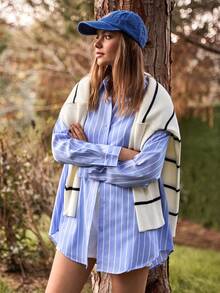 Cloudara WOMAN BLUE AND WHITE LINED POPLIN BLOUSE - Blue and White - View 3
