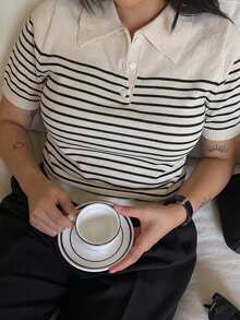 Dazy Plus Colorblock Patchwork Casual Striped Polo Collar Short Sleeve Knit Sweater Top Early Autumn New Style - Apricot - View 4