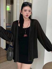 Dazy Plus Solid Color Loose Long Sleeve White Cover Up Open Front Plus Size Women Spring Summer Autumn Thin Jacket - Black - View 3