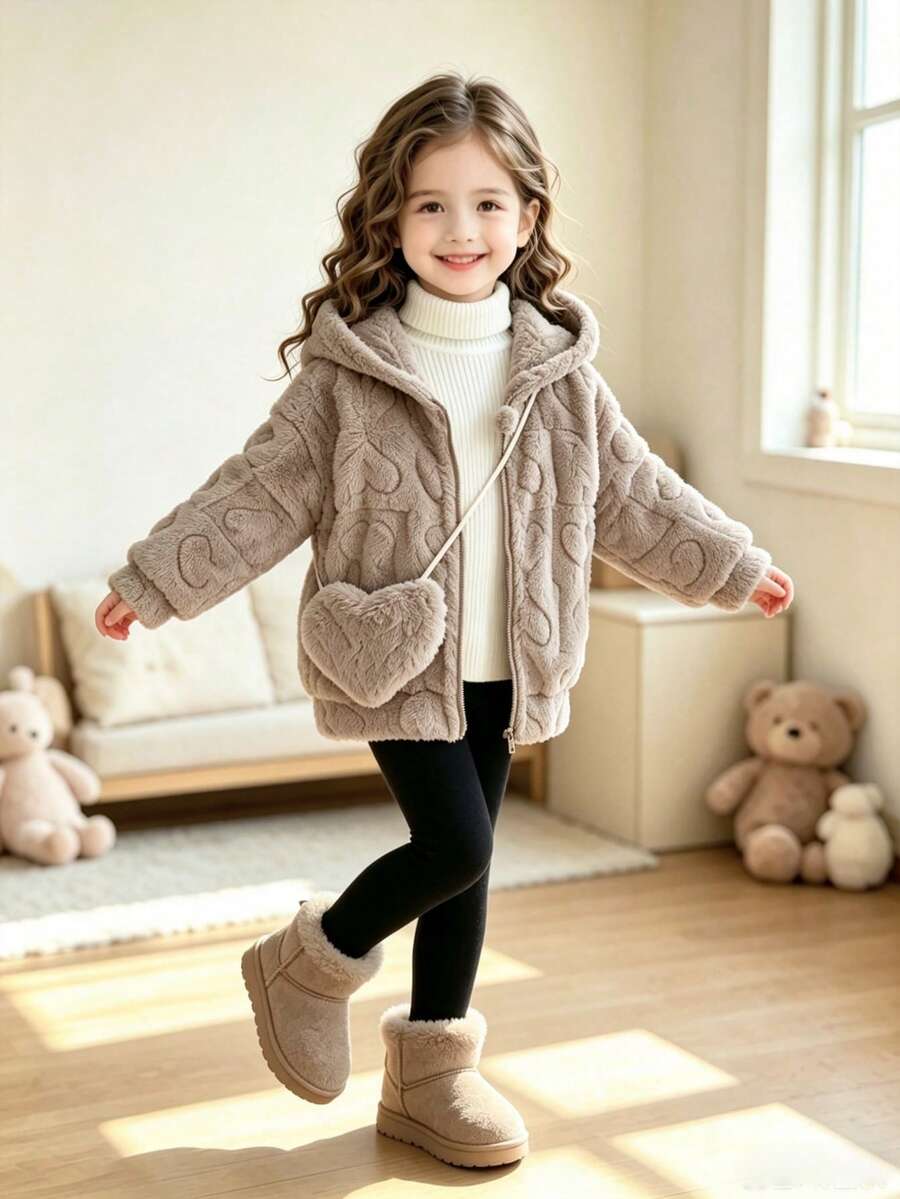 Elladie kids Girls' Fuzzy Jacket With 3D Heart Textured Pattern, Soft And Cute, Adds Sweet Girlish Charm, Plush Material, Soft Touch, Comfortable To Wear, Warm, Suitable For Autumn/Winter, Comes With Matching Color Crossbody Bag, Small And Cute Design, Practical And Fashionable