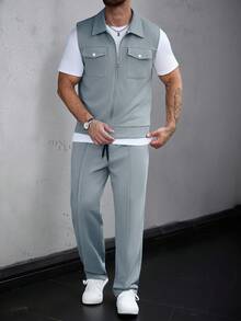 SLATEMANN Conjunto de chaqueta chaleco de utilidad con cremallera delantera y pantalones largos con cintura con cordón para hombre - Neblina azul - Ver 6