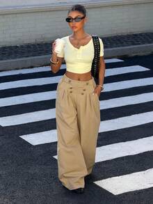 Muchica Autumn Outfits Office Everyday Work Wear For Women Casual Loose-Fitting Khaki Napoleon Woven Trousers - Khaki - View 6