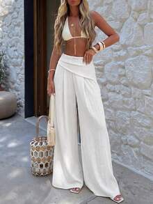 Firerie Women's Elegant Textured Wide Leg Long Pants, High Waist Asymmetric Pleated Design, Romantic Date Vacation Beach Cruise City Street Summer - White - View 1