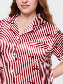 Bonmuse Plus Size Women Bowknot Striped Print Short Sleeve Shorts Pajama Set - Red - View 7