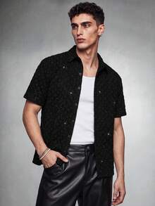 Zorclune Men's Fashionable Casual Textured Button Short Sleeve Shirt Men S Sparkly Shirt - Black - View 5