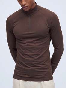 Nelvento Soul Men's Minimalist Solid Color Half-Zip Stand Collar Raglan Long Sleeve Compression Sports T-Shirt Compression Shirt, Lightweight, Gym - Camel - View 1
