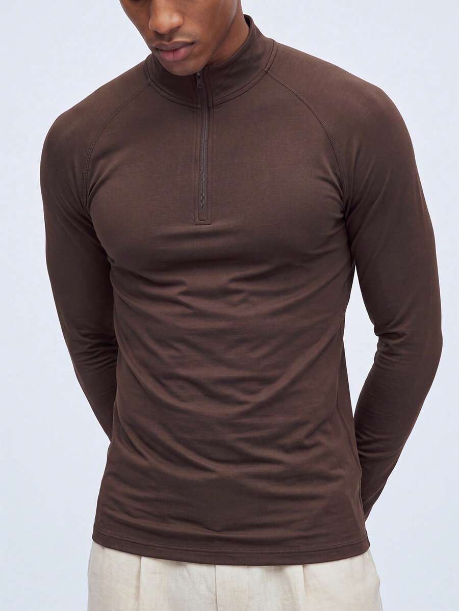 Nelvento Soul Men's Minimalist Solid Color Half-Zip Stand Collar Raglan Long Sleeve Compression Sports T-Shirt Compression Shirt, Lightweight, Gym - Camel - View 1