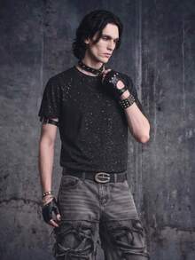 Vyqestra Men's Black Foil Round Neck T-Shirt With Shiny Lettering Print,Glitter Details And Iron-On Design,Short Sleeve Summer Casual Streetwear,City Break - Black - View 5