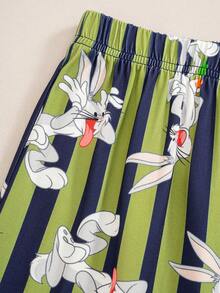 LOONEY TUNES X SHEIN 大童男孩卡通圖案條紋印花單排扣短袖上衣與休閒長褲套裝 - 墨綠色 - 查看 5