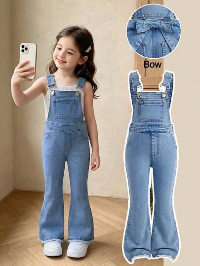 Firerie Kids Young Girls' Y2k Cute Blue Denim Stretch Skinny Flare Jeans With 3D Big Bow Back Waist,Fall/Winter,For Girls Dailywear And Back-To-School Outfits