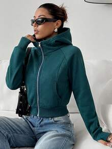 SHEIN EZwear 女款秋冬休閒短版運動衫 - 墨綠色 - 查看 1