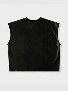 ROMWE MEN Men's Loose Fit PU Vest With Rivet Decor And Print - Black - View 3