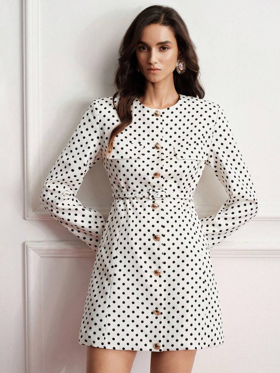 BELROSIE Casual Vintage Elegant Classic Belted Textured Herringbone Long Sleeve Dress Work Date White And Black Polka Dot Autumn - Multicolor - View 1
