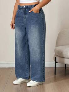 Livesso Curve Celana Pendek Denim Biru Pudar dengan Pinggang Semi Elastis, Potongan Lebar dan Lipatan di Bagian Bawah, Cocok untuk Musim Panas. - Medium Wash - View 4