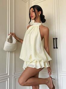 Aloruh 女款優雅淡黃色掛脖綁帶迷你洋裝 - 杏色 - 查看 3