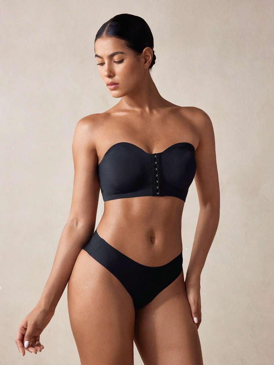 Veilyse Sutiã Sem Alça Feminino com Fechamento Frontal, Sutiã Bandeau Minimalista e Confortável - Preto - Visão 1