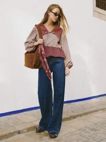 Nöista 長袖襯衫採用格紋與條紋拼接設計，展現優雅氣質。非常適合度假旅行與春夏穿著，是女性休閒夏季服飾的理想選擇。適用於度假、外出、婚禮、派對、節慶與假期等多種場合。 - 酒紅色 - 查看 4