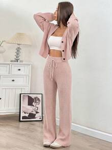 SHEIN EZwear 秋冬季女士休闲纯色宽肩带开衫搭配抽绳喇叭裤两件套 - 藕粉色 - 查看 4