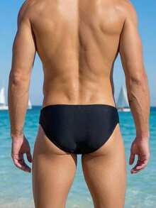 Manfinity Swimmode 男士純色三角泳褲，適合海灘度假 - 黑色 - 查看 6