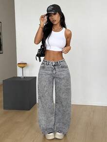 SHEIN PETITE PETITE 女款春夏休閒寬鬆水洗牛仔褲 Y2K 街頭風灰色雪花洗直筒休閒牛仔褲 - 灰色 - 查看 6
