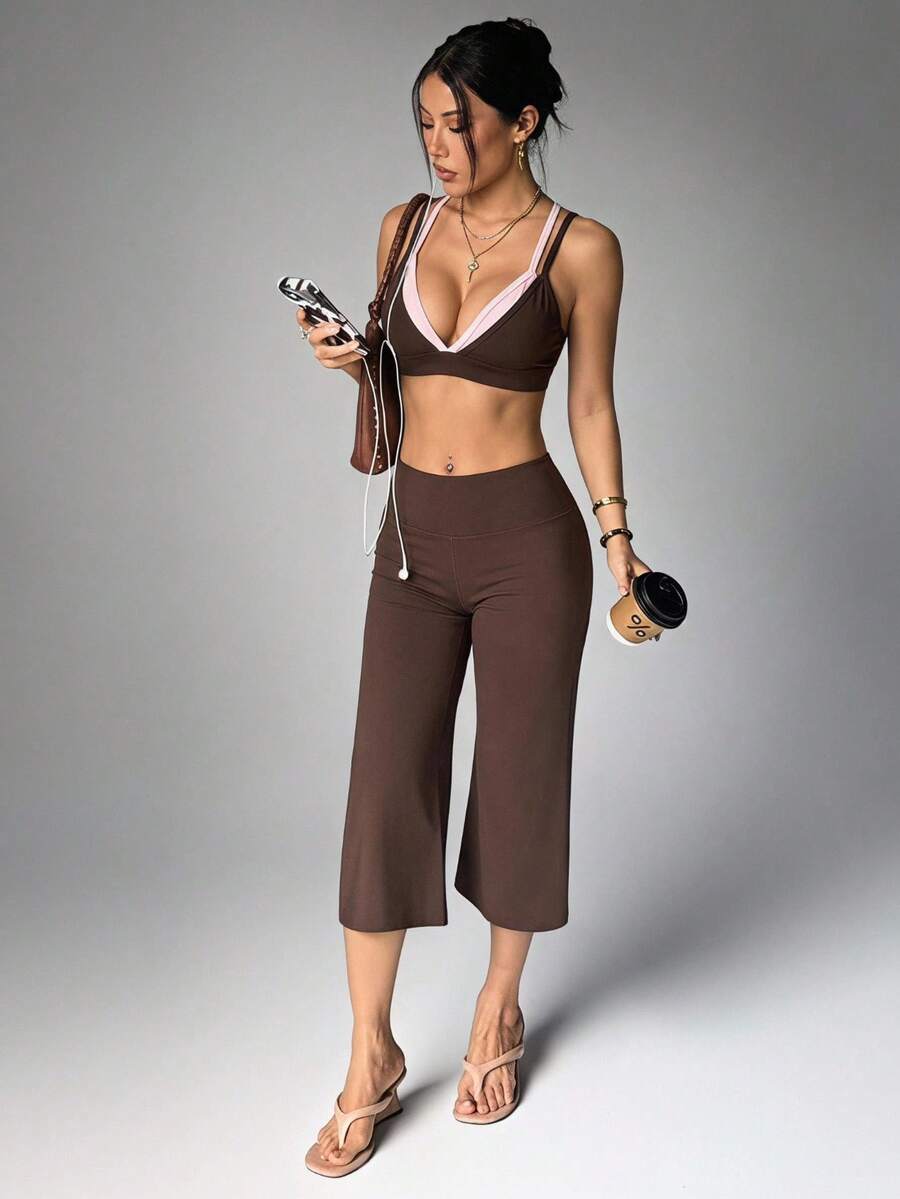 SHEIN Sujetador deportivo de mujer con bloques de color y patchwork - Marrón - Ver 1