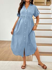 SHEIN Maternity Solid Color Pleated Casual Everyday Summer Dress - Blue - View 2