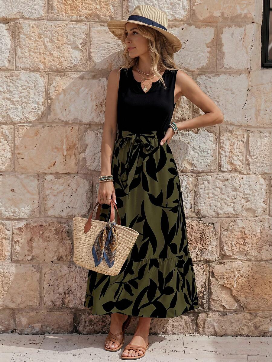 EMERY ROSE Spring/Summer Printed Asymmetrical Hem Leaf Print Tank (Midi Length) Maxi Vacation Beach Outfits - Army Green - View 1