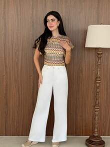Yasmeen Edit Yasmeen Edit Chic Boho Striped Beige Knit Hollow Out Tee Summer Vacation Casual - Multicolor - View 4