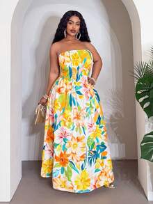 SHEIN CURVE+ Robe sans bretelles plissée à imprimé floral décontractée pour soirée pour femmes grandes tailles - Multicolore - Voir 8
