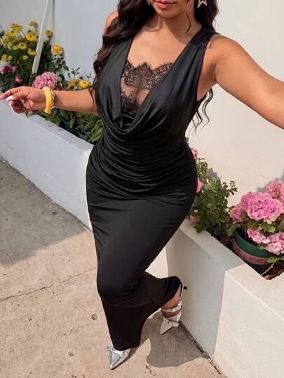 GalTyme Plus Size Women Solid Color Cowl Neck Contrast Lace Pleated Sleeveless Fitted Elegant Dress