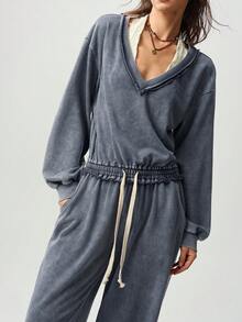 Bohemela Herbst Lässig einfarbiger gestrickter gewaschener lockerer Schnitt Damen Jumpsuit Reise Grau - Dunkelgrau - Übersicht 4