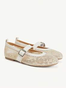 CUCCOO CHICEST Lace Mesh Mary Jane Shoes Women's Summer, Breathable Buckle Flats, Daily Commuting Dating Gentle Shoes - Apricot - View 2