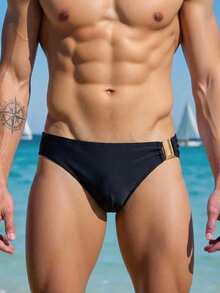 Manfinity Swimmode 男士純色三角泳褲，適合海灘度假 - 黑色 - 查看 2