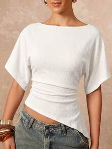 Lumalex Women's Knitted Textured Waist-Cinched Asymmetrical Hem T-Shirt - White - View 5