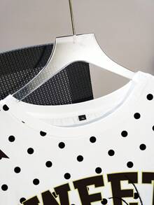 LOONEY TUNES X SHEIN Plus Size Women's Letter Cartoon Print Polka Dot Casual Everyday T-Shirt - White - View 3