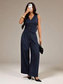 SHEIN PETITE Summer Fashion Commute Casual Striped Vest Pants 2 Pieces Set Business Work Navy Blue - Multicolor - View 6