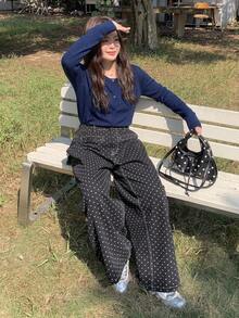 Dazy Plus 女童純色拼接荷葉邊修身長袖休閒T恤，春秋款 - 藏蓝色 - 查看 5
