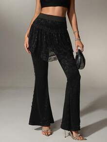 Nuvra Pantalones acampanados de encaje, diseño cómodo 2 en 1, versátil para ir al trabajo, primavera/verano, fiesta, noche activa, negro, elegante, sofisticado - Negro - Ver 9