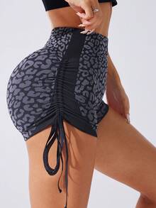 Menodora SHEIN Sport 女款豹紋側抽繩高腰修身運動短褲 - 彩色 - 查看 4